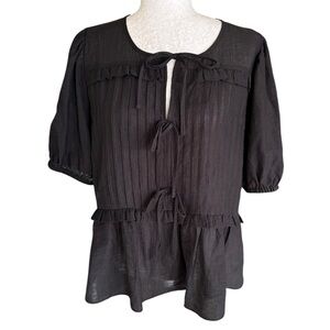 Laura Ashley Black Pintucked Pleated Bow Tie Front Ruffle Peplum Blouse - M